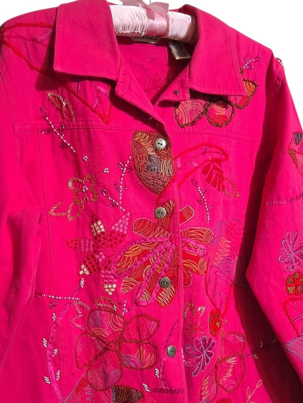 Vintage Laura Ashley Hot Pink Embroidered Cotton Jacket Size XL Floral Boho